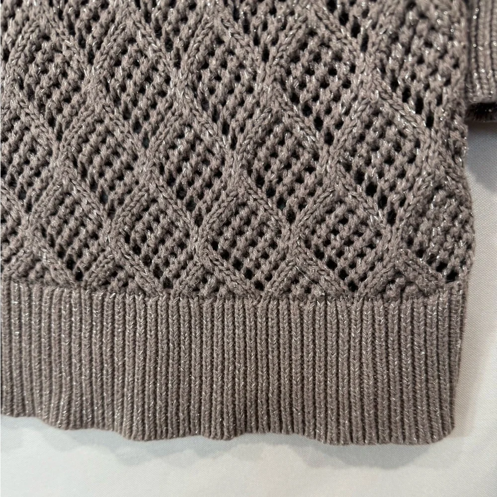 LOFT Metallic Pointelle Knit Sweater Open Weave Subtle Shimmer Taupe Size Medium